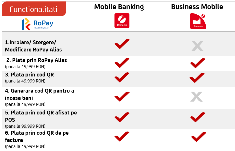 Functionalitati disponibile RoPay